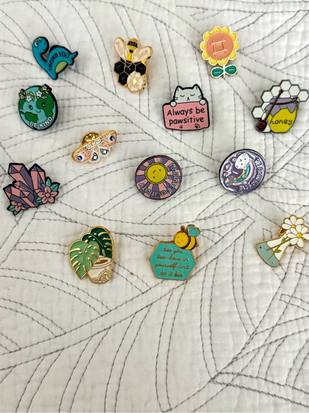 Assorted Cute Enamel Pin Set - Bee, Cat, Plants & Crystals - Multicolor